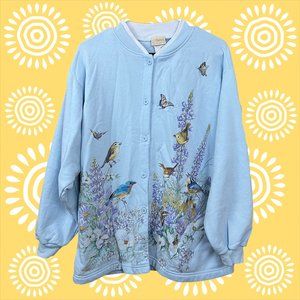 Vintage Artisans Bird & Flower Light Blue Button Down Cardigan Women's Large